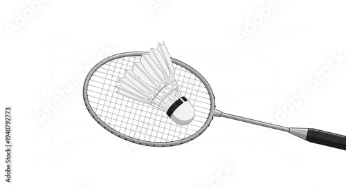 A detailed close-up of a grey badminton racket with a black grip and a white shuttlecock dominates the foreground, with a blurred court outline in the background.