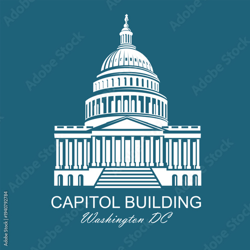 United States Capitol building icon in Washington DC isolated on blue background
