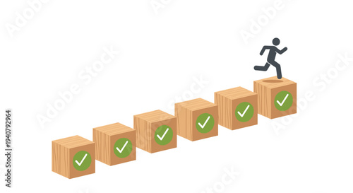 A dark stick figure is energetically running up a staircase constructed from seven light brown wooden blocks, each marked with a green checkmark.