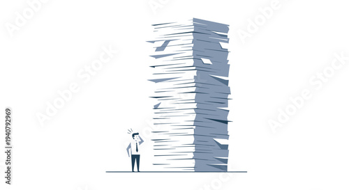 A small, overwhelmed businessman stands with hands on his head, gazing up at an impossibly tall and leaning stack of hundreds of papers.