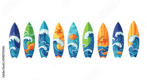 A horizontal row of nine distinct, colorful surfboards, each adorned with unique wave patterns and marine life, stands against a pristine white background.