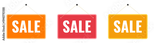 Set of hanging sale sign boards in orange, red and yellow for retail promotion, marketing and advertising