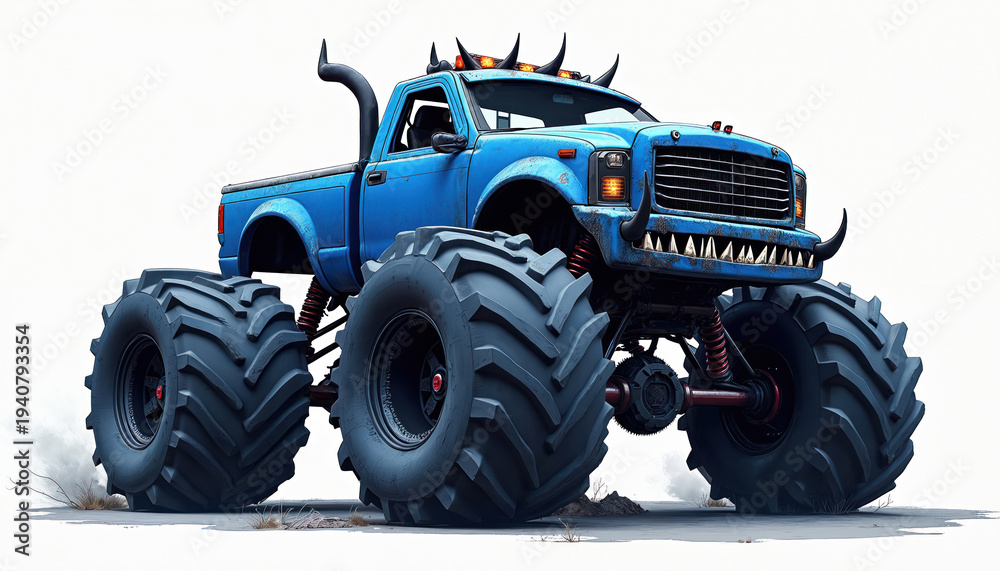 Obraz premium Blue monster truck with sharp teeth and horns on grille. Giant wheels on this vehicle are intimidating. This vehicle looks like a monster ready to roar. Awesome ride.