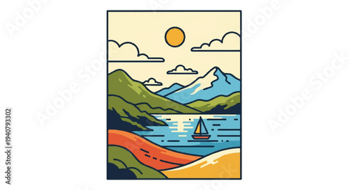 Scenic landscape with boat and mountains illustration