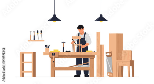 A male carpenter in blue overalls is actively assembling a wooden chair at a well-equipped workbench, surrounded by various tools and wood planks in a brightly lit workshop.