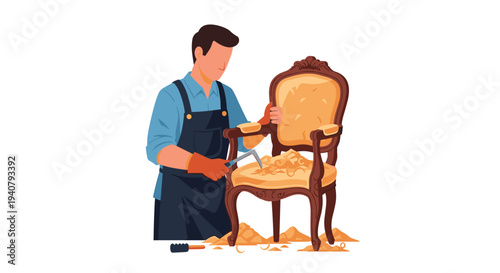 A male upholsterer in blue and orange gloves is meticulously stripping fabric from an ornate armchair, surrounded by scattered stuffing and wood shavings on a white background.