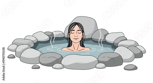 A serene woman with dark hair and closed eyes is relaxing in a natural hot spring, surrounded by a circular arrangement of smooth gray rocks with rising steam.