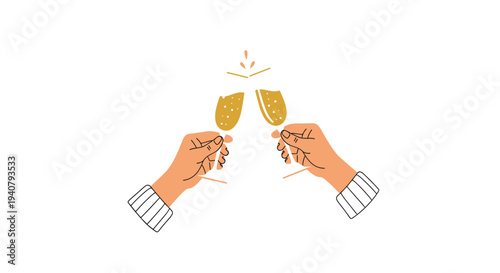 Two hands are holding and clinking golden champagne flutes together in a celebratory toast, with tiny golden sparkles emanating from the point of contact.