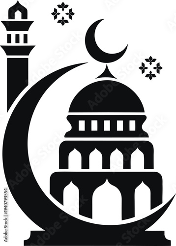 Sacred Silhouette: A black and white depiction of a mosque at night, with the crescent moon and stars in the night sky. The image symbolizes peace and faith.