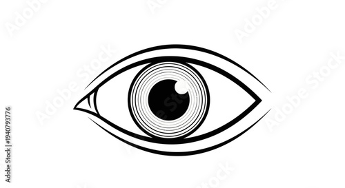 Stylized human eye vector illustration, black and white line art symbol of vision, sight, insight, and perception.
