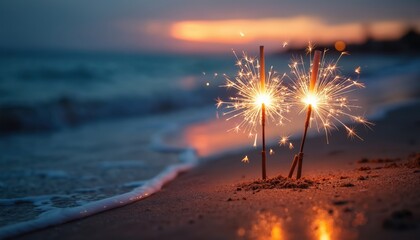 Two sparklers burn brightly on sand beach near ocean waves at sunset. Soft light reflects on wet shore. Peaceful evening scene glows with warm colors, fire sparks fly.