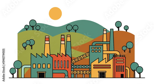 Industrial complex illustration with green hills and bright sun