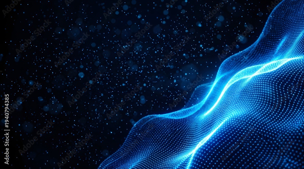 Fototapeta premium Abstract glowing blue digital waveform surface constructed from interconnected glowing particles moves dynamically in dark space