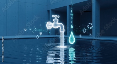 Futuristic Minimalist Architecture with Holographic Water Tap and Drop Projections over Reflecting Pool – Advanced Sustainability and Circular Economy Concept