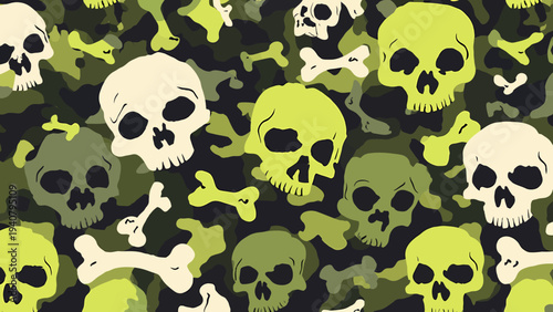 Seamless pattern of neon glow skulls and bones in camouflage design viewed from directly above