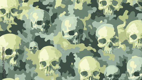 Seamless camouflage pattern with skulls in tie-dye style, viewed from directly above in a colorful design