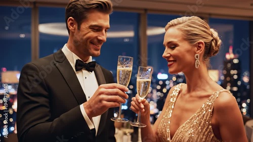An elegant couple with glasses celebrates a holiday