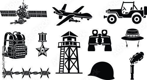 Modern military defense and aerospace icons set black and white illustrations