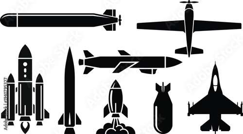 Modern military defense and aerospace icons set missiles planes and drones