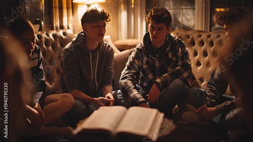 Small Prayer Group Sitting in Circle Reading Bible Together in Softly Lit Room