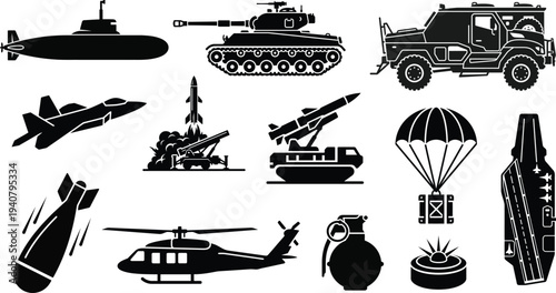 Modern military defense and aerospace icons set tanks submarines helicopters and missiles