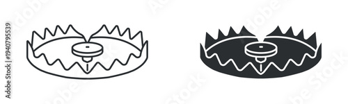 Bear trap icon set, metal animal trap hunting danger symbol, outline and solid silhouette style. Vector illustration.