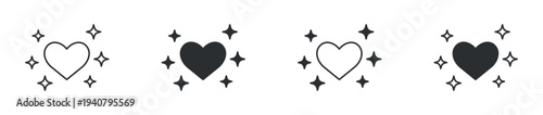 Sparkle heart icon set, love appreciation shining heart symbol, outline and solid silhouette style. Vector illustration.