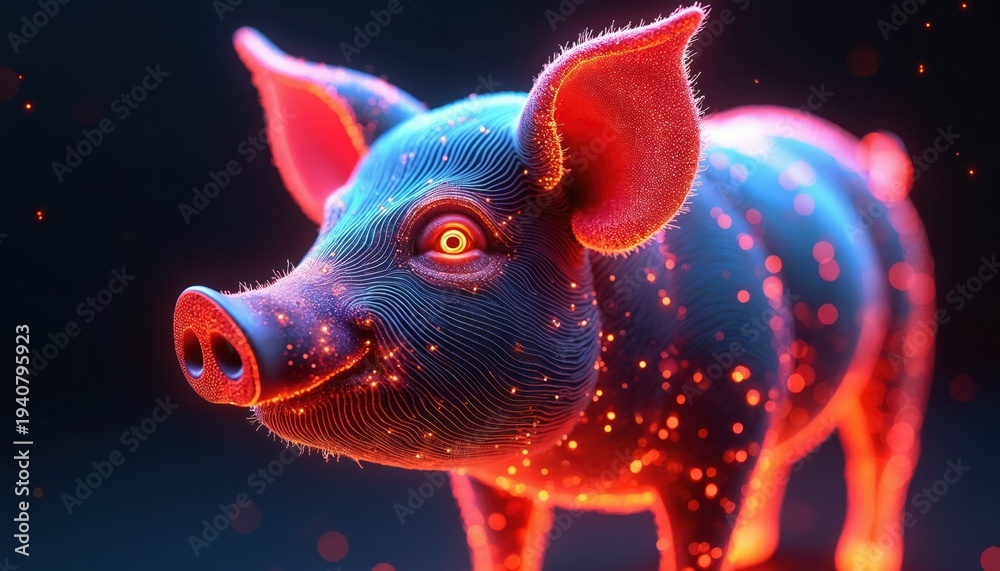 Fototapeta premium Neon pig illustration with glowing particles and intricate lines. Fiery red ears and bright yellow eye contrast against blue body. Futuristic, abstract art style.
