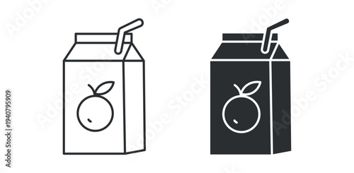 Juice carton icon set, fruit juice drink box with straw symbol, outline and solid silhouette style. Vector illustration.