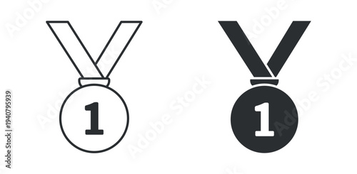Gold medal icon set, number one winner award medal symbol, outline and solid silhouette style. Vector illustration.