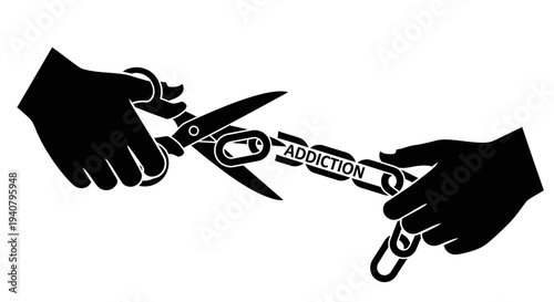 Hands Cutting Chain with Addiction Written on It.