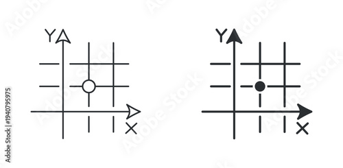Coordinate grid icon set, X and Y axis graph point location symbol, outline and solid silhouette style. Vector illustration.