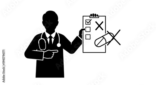 Doctor Showing Checklist with Rejected Pill.