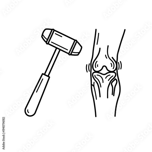 Medical knee reflex test with hammer and human leg illustration.