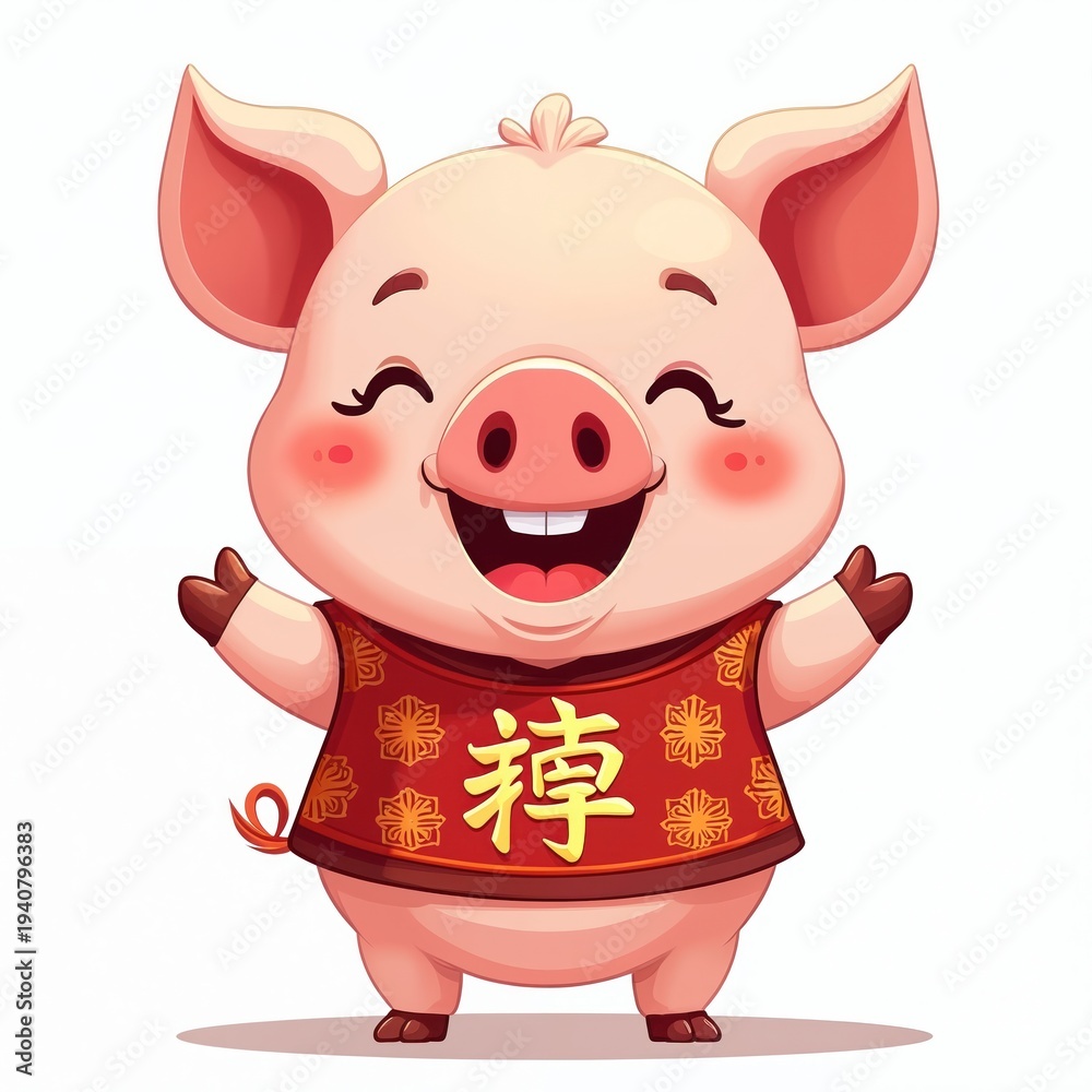 Obraz premium Cute cartoon pig character wears traditional red vest. Pig smiles widely with open mouth, arms raised. Festive animal illustration for Chinese New Year greeting.