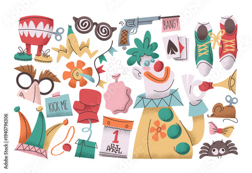 April Fools Day stickers with funny humorous clown character and classic prank related symbols