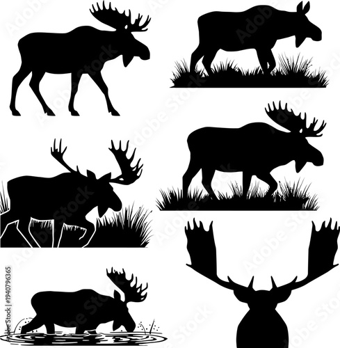 Moose Silhouette Set, Wild Elk and Forest Animal Poses, North American Wildlife Icons