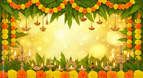 Indian New Year Festival Background with Lamps and Flowers