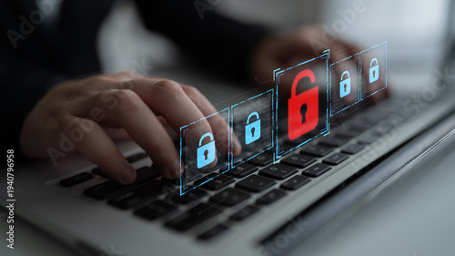 Fotografie Digital security concept illustrating a cybersecurity breach, with a red unlocke