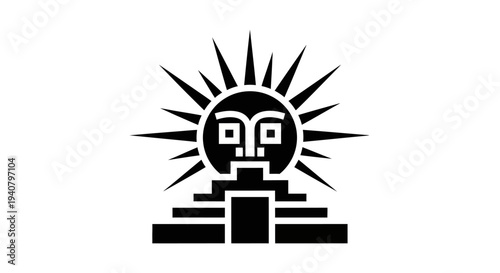 Black and White Cartoon Sun Face Icon.