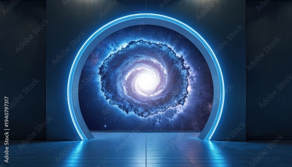 Fototapeta premium Glowing archway frames swirling spiral galaxy. Futuristic portal opens to cosmic expanse. Interior space, neon lights, blue tiles. Endless universe exploration, wonder, mystery awaits.