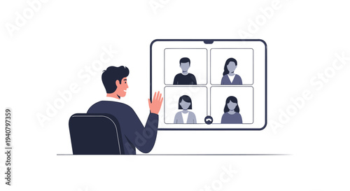 Vector illustration of man in business attire on video conference call with four people
