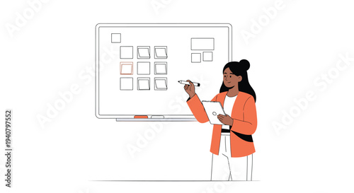 Vector illustration of woman presenting on whiteboard with colorful squares