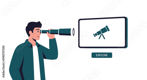 Vector illustration of man looking through binoculars with computer screen