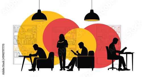 Vector illustration of 4 people working in office setting with colorful background