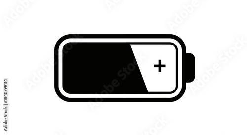 Low battery charge indicator icon. Minimalist black and white power status symbol for technology devices, partially full.