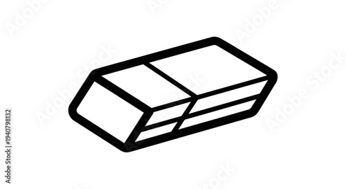 Simple black and white line art icon of a rectangular eraser, a classic school and office stationery supply for correcting errors.