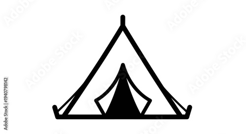 Minimalist camping tent outline icon vector. Simple black line art illustration of outdoor adventure shelter symbol on white background.