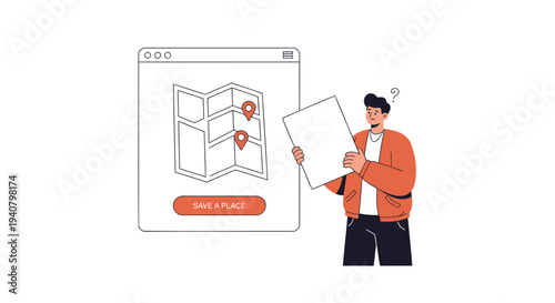 Vector illustration of a man holding a map marker and a blank sign