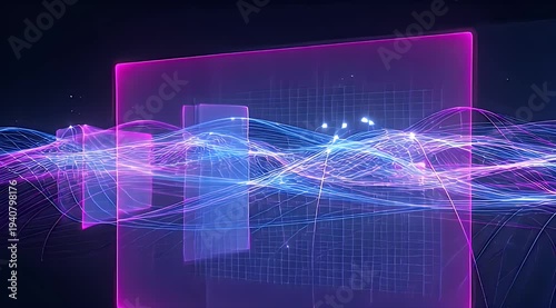 Illuminated abstract wavy lines and glowing squares on a dark backdrop